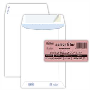 100 BUSTE A SACCO BIANCHE 23x33 80GR ADESIVA COMPETITOR PIGNA